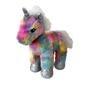 Build A Bear Rainbow‎ Unicorn Plush Animal 12" Tie -Dye and Silver with Music